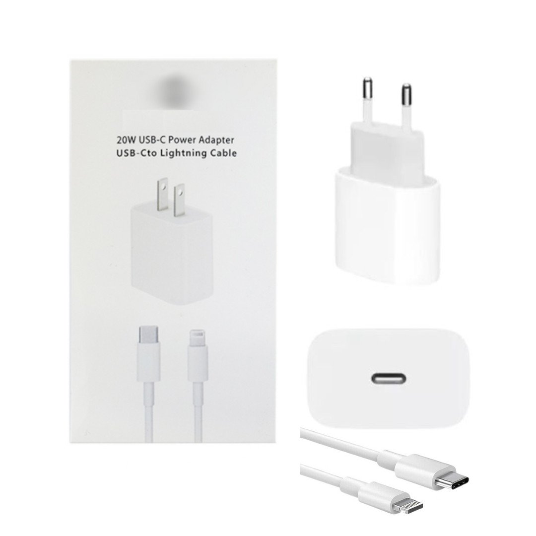 CARGADOR DE PARED USBC 20W + CABLE TIPOC A LIGHTNING PREMIUM